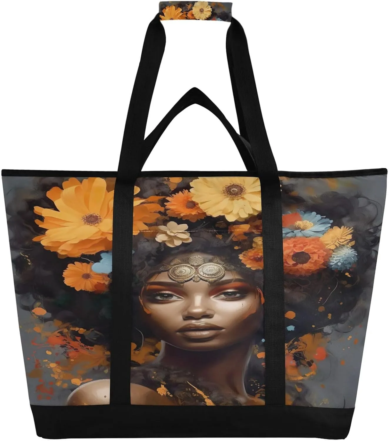 Black Woman Beauty Tote Bag for Women with Zipper Reusable Grocery Bags Foldable Insulated Cooler Bag Totes Shopping Bags Handbags for Groceries Picnic Beach Travel Work