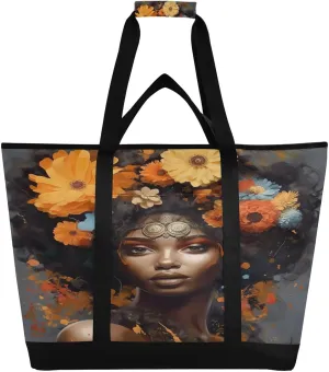 Black Woman Beauty Tote Bag for Women with Zipper Reusable Grocery Bags Foldable Insulated Cooler Bag Totes Shopping Bags Handbags for Groceries Picnic Beach Travel Work