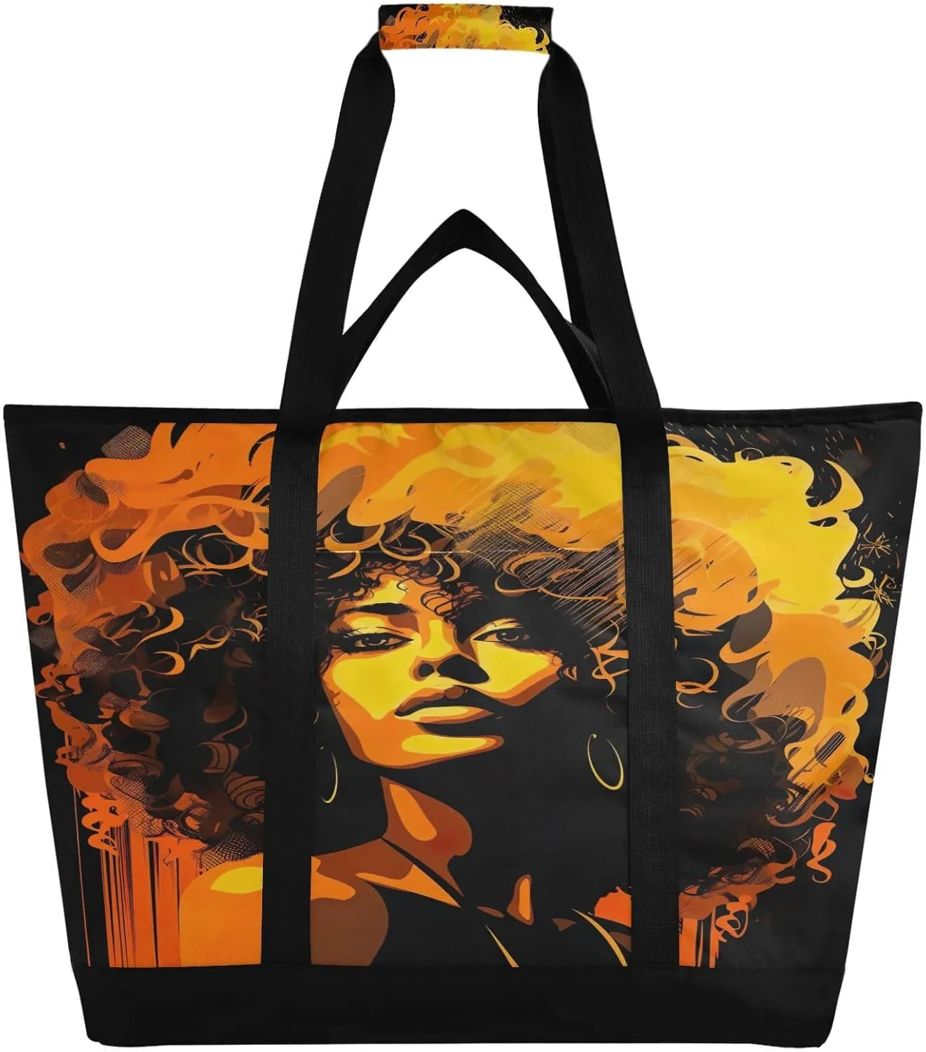Black Woman Beauty Tote Bag for Women with Zipper Reusable Grocery Bags Foldable Insulated Cooler Bag Totes Shopping Bags Handbags for Groceries Travel Picnic Beach Work