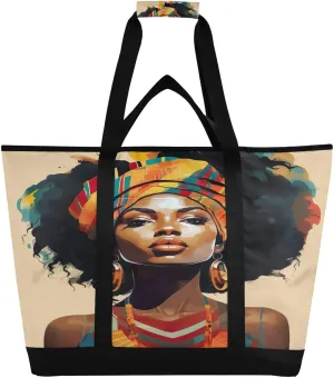 Black Woman Traditional Tote Bag for Women with Zipper Reusable Grocery Bags Foldable Insulated Cooler Bag Totes Shopping Bags Handbags for Groceries Travel Beach Work Picnic