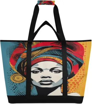 Black Woman Watercolor Tote Bag for Women with Zipper Reusable Grocery Bags Foldable Insulated Cooler Bag Totes Shopping Bags Handbags for Groceries Work Picnic Travel Beach
