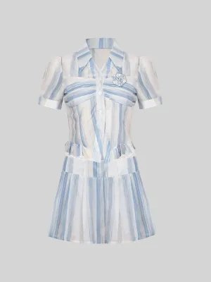 Blue Bubble Sleeve Plaid Shirt Top   Skirt Set