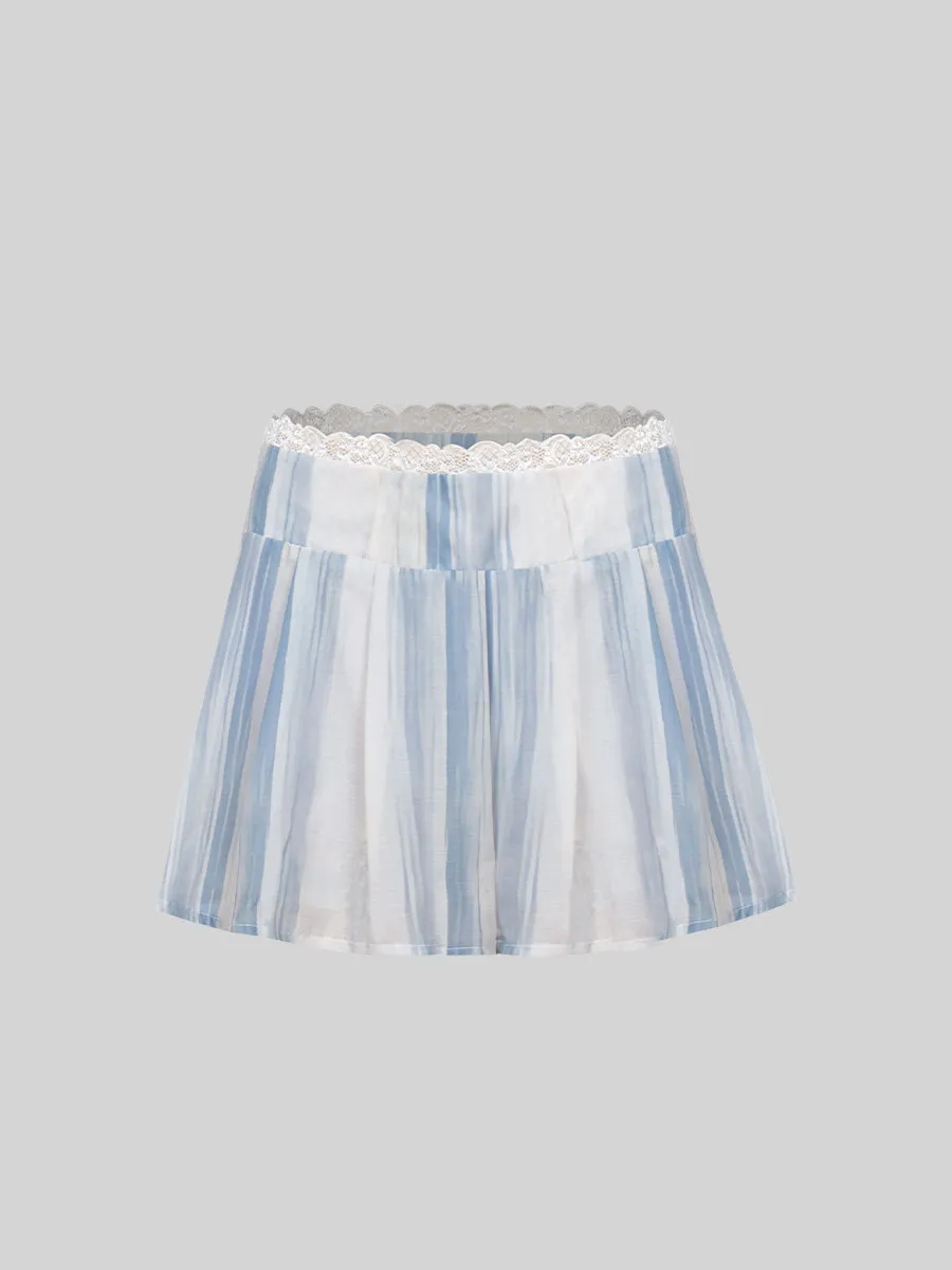 Blue Bubble Sleeve Plaid Shirt Top   Skirt Set