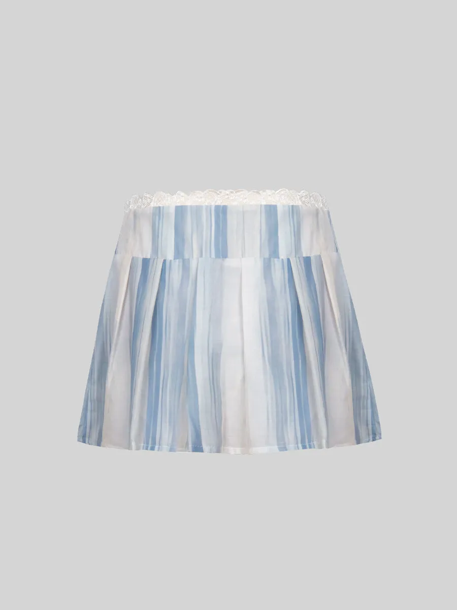 Blue Bubble Sleeve Plaid Shirt Top   Skirt Set