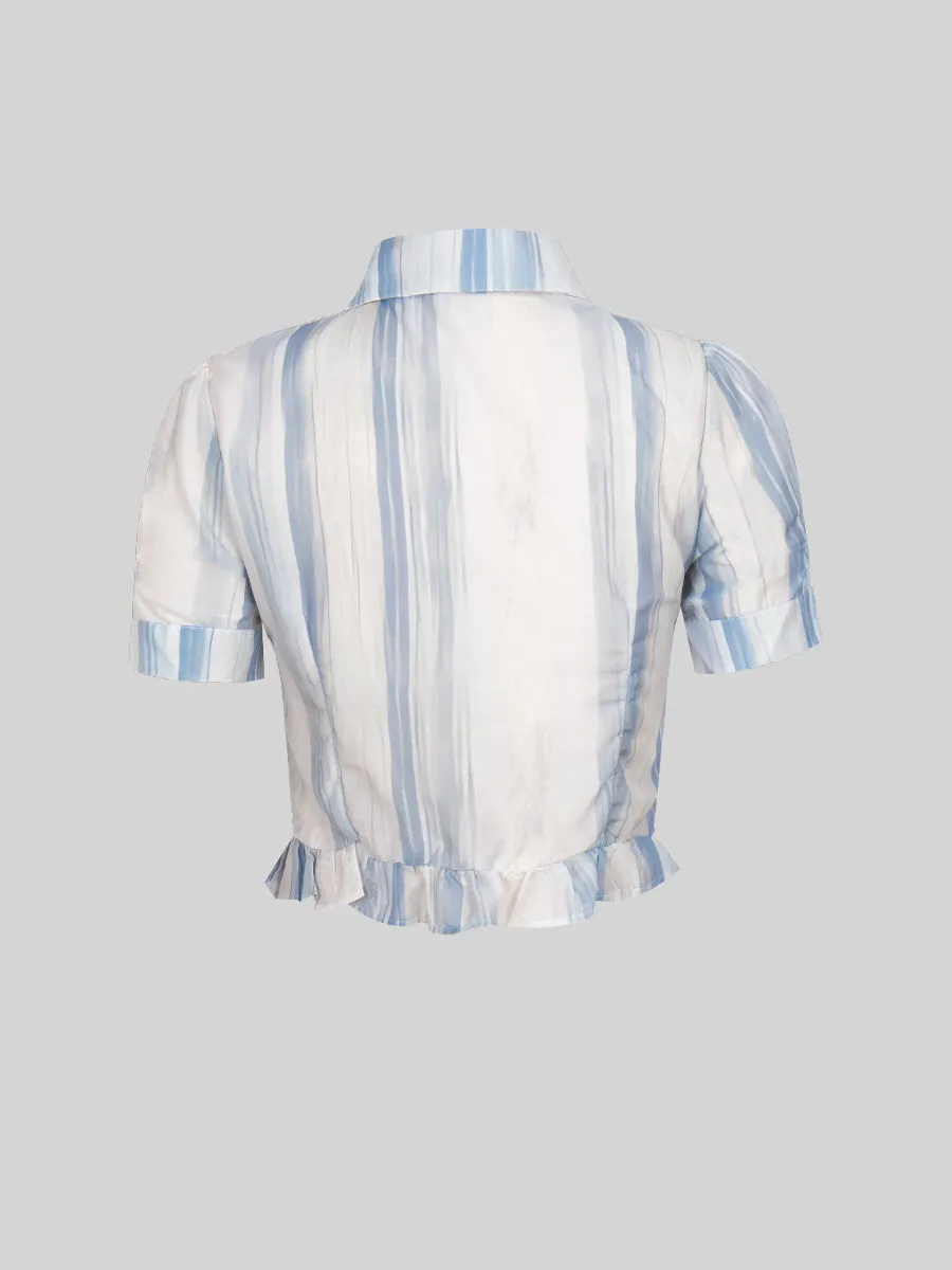 Blue Bubble Sleeve Plaid Shirt Top   Skirt Set