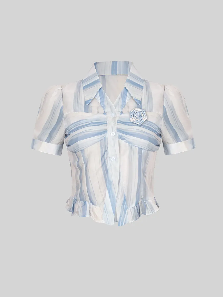 Blue Bubble Sleeve Plaid Shirt Top   Skirt Set