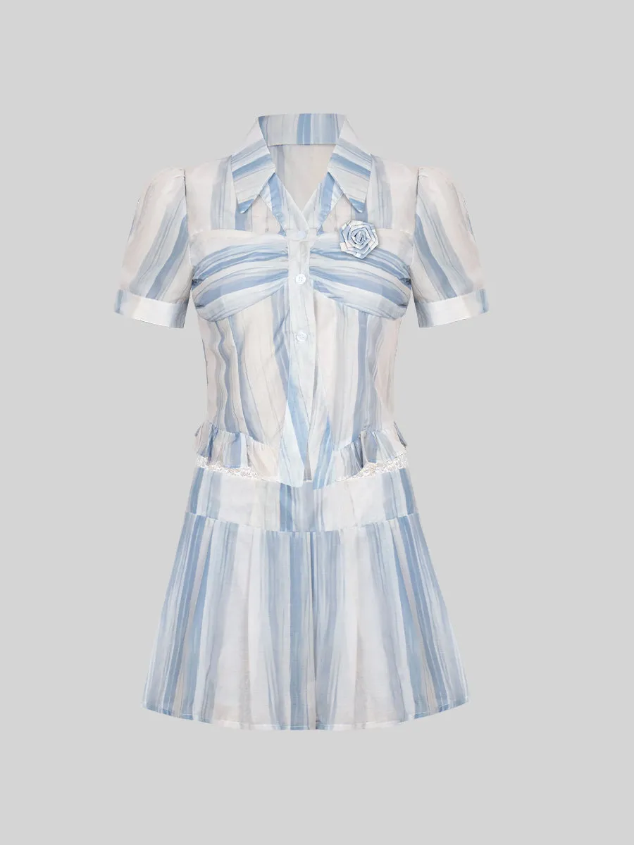 Blue Bubble Sleeve Plaid Shirt Top   Skirt Set