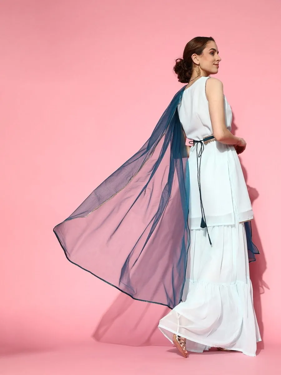 Blue Stripped Kurta with Sharara and Net Dupatta and Embellished Belt