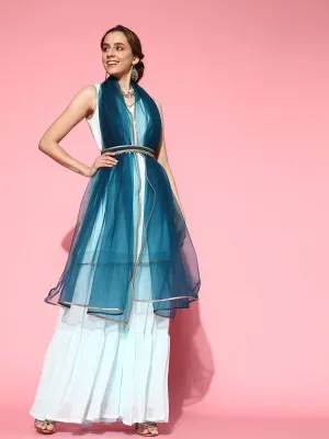 Blue Stripped Kurta with Sharara and Net Dupatta and Embellished Belt