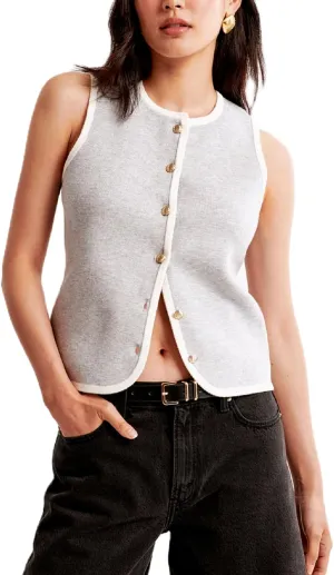 Bocymolay Vintage Knit Vest Top for Women Button Down Crewneck Sleeveless Tank Casual Cardigan Vest Streetwear