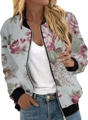 Bomber Jackets for Women 2024 Lightweight Casual Zip Up Stand Collar Coats Jacket Floral Graphic Outwear Fall Outfits