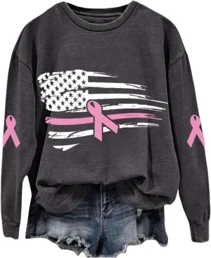 Breast Cancer Awareness Sweatshirt for Women Pink Ribbon American Flag T Shirts Casual Long Sleeve Pullover Tops