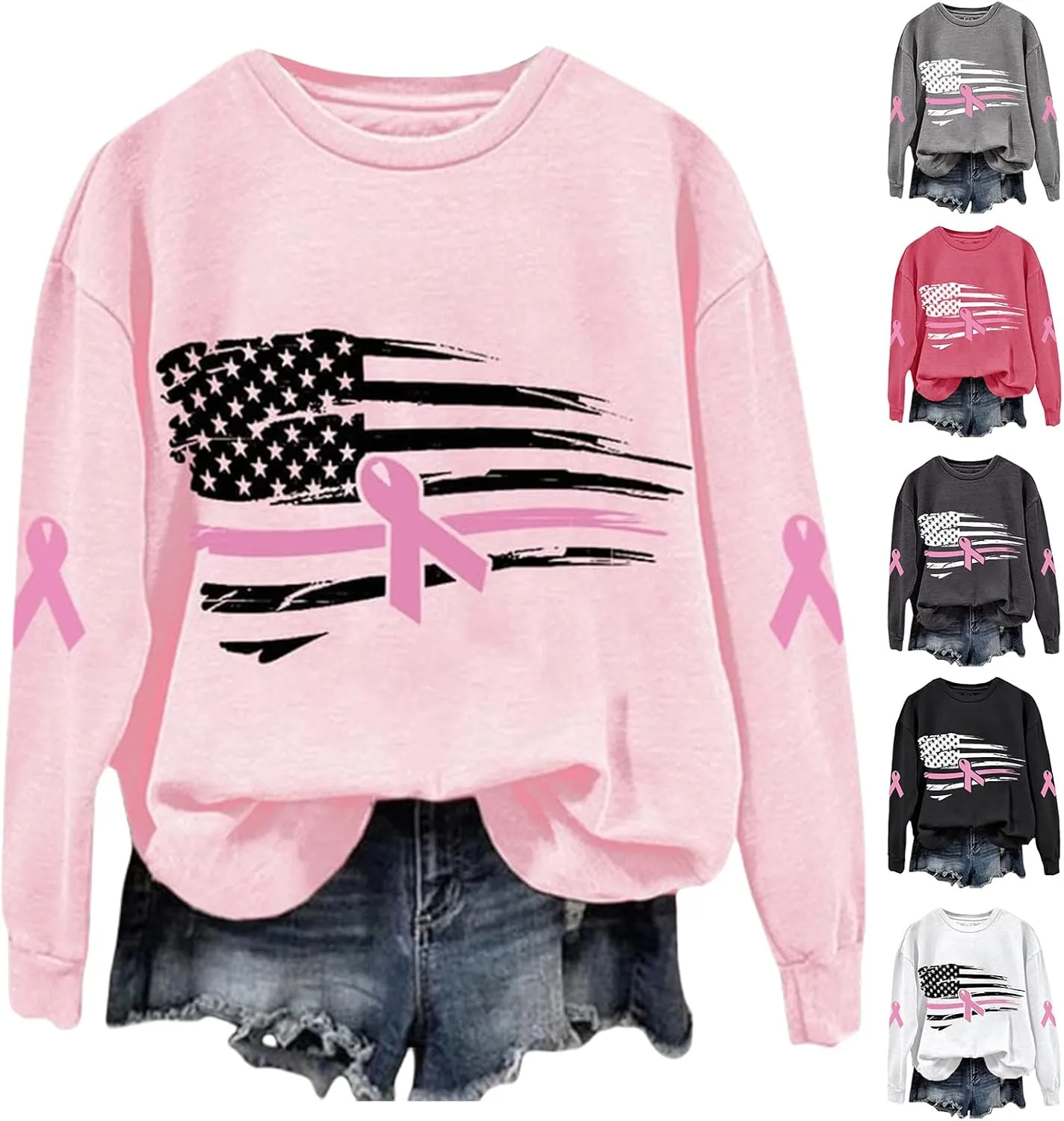 Breast Cancer Awareness Sweatshirt for Women Pink Ribbon American Flag T Shirts Casual Long Sleeve Pullover Tops