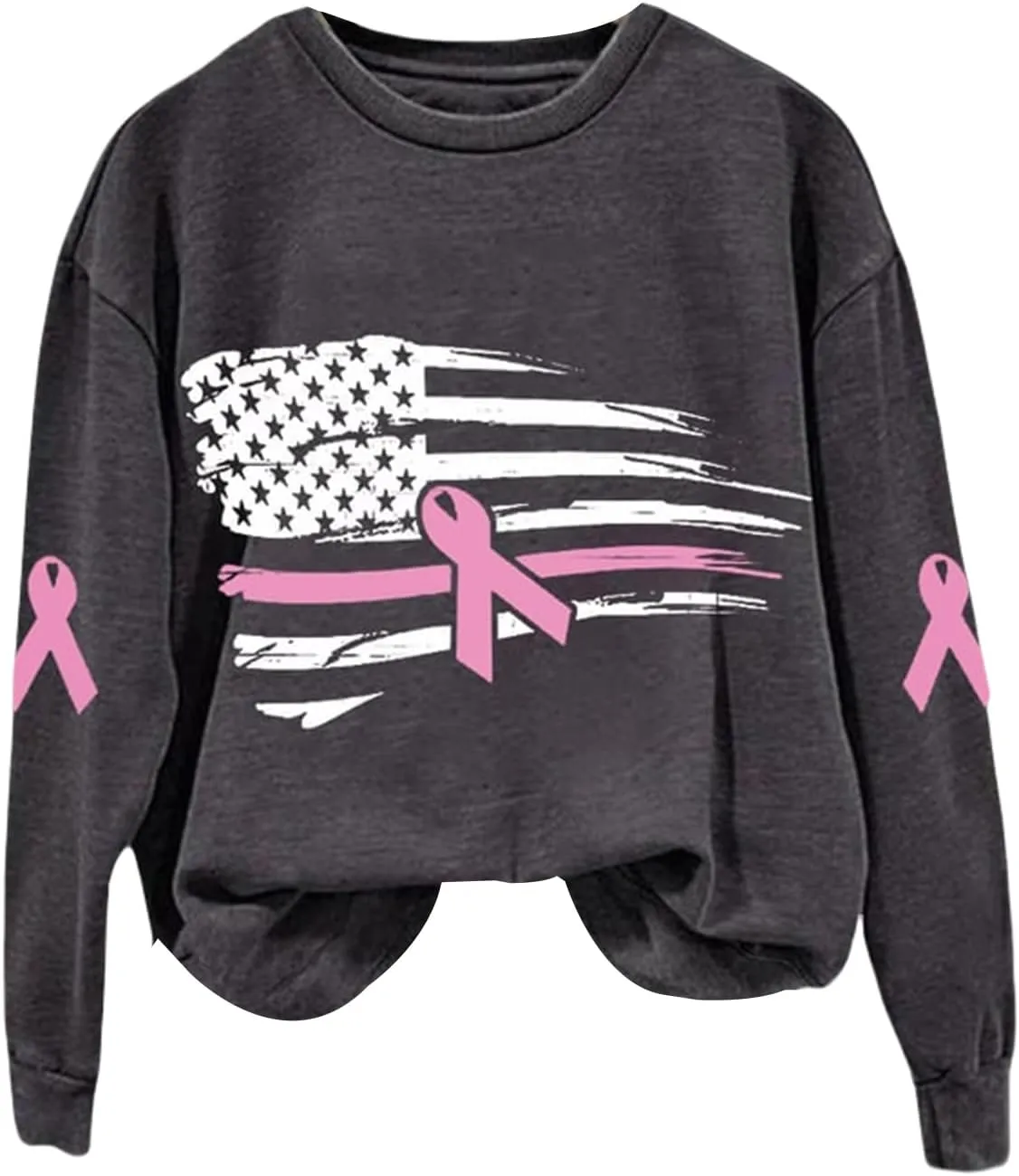 Breast Cancer Awareness Sweatshirt for Women Pink Ribbon American Flag T Shirts Casual Long Sleeve Pullover Tops
