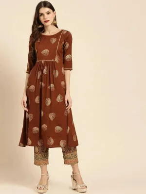 Brown Printed Rayon A-Line Kurta With Trousers