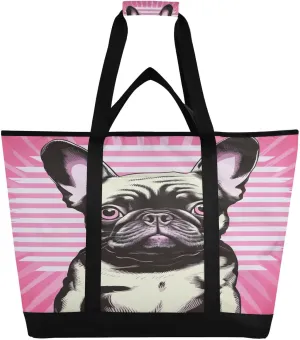 Bulldog Dog Tote Bag for Women with Zipper Reusable Grocery Bags Foldable Insulated Cooler Bag Handbags Totes Shopping Bags for Groceries Beach Travel Picnic Work