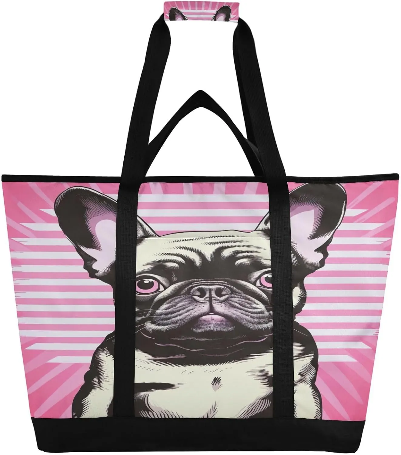 Bulldog Dog Tote Bag for Women with Zipper Reusable Grocery Bags Foldable Insulated Cooler Bag Handbags Totes Shopping Bags for Groceries Beach Travel Picnic Work