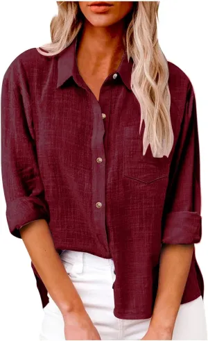 Business Casual Tops for Women Long Sleeve Cotton Linen Shirt Button Down V Neck Blouse Fashion Tops for Trendy