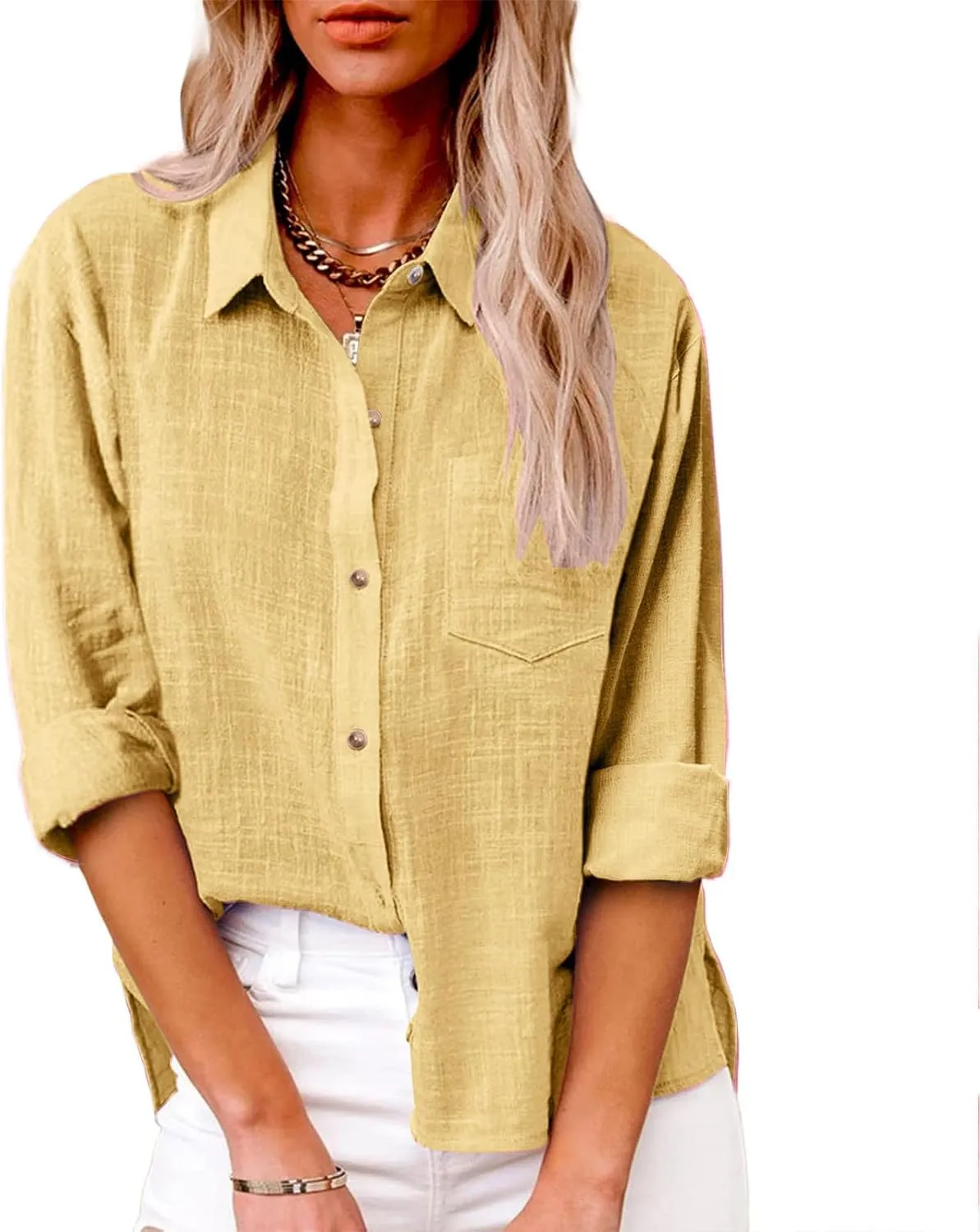 Business Casual Tops for Women Long Sleeve Cotton Linen Shirt Button Down V Neck Blouse Fashion Tops for Trendy