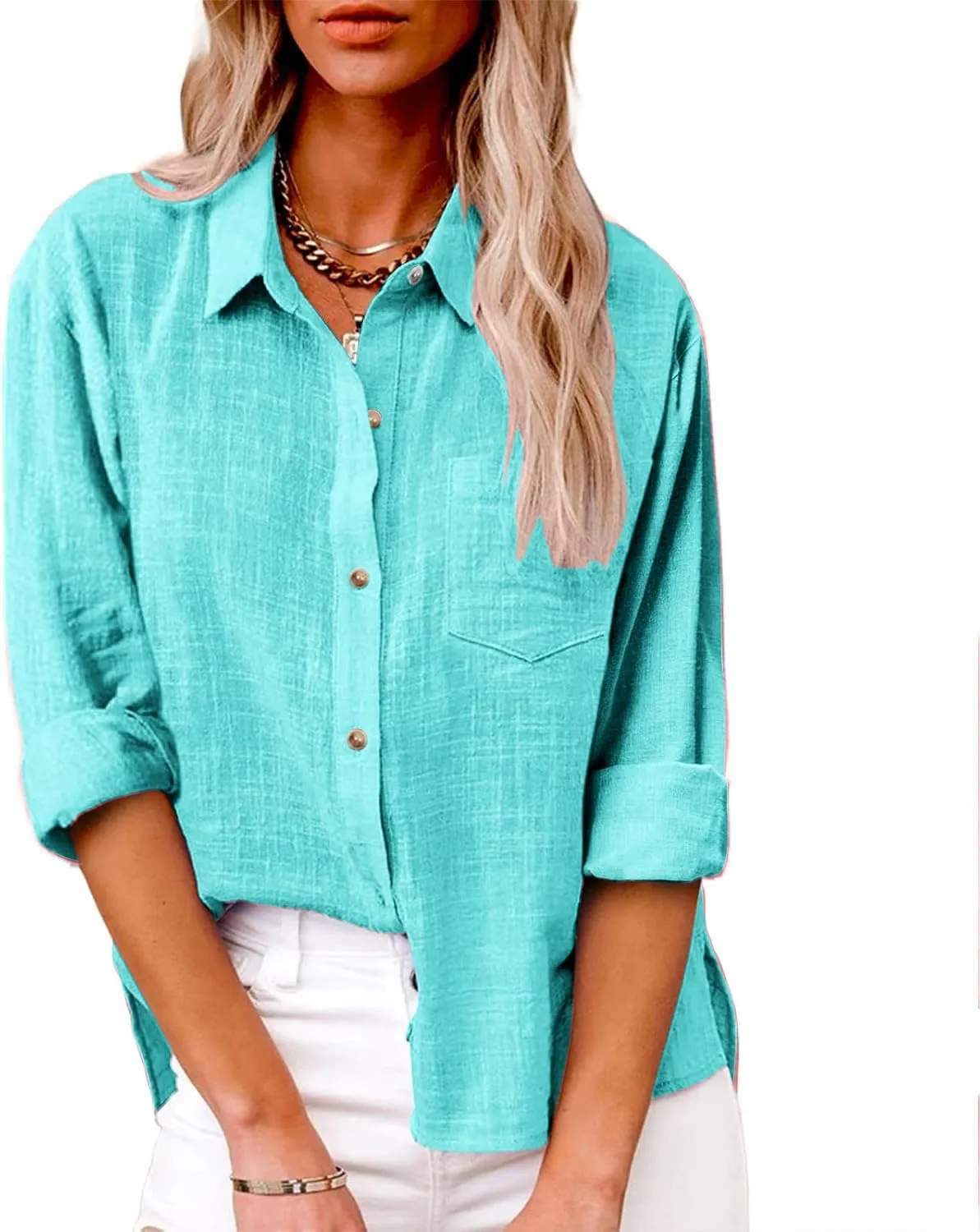 Business Casual Tops for Women Long Sleeve Cotton Linen Shirt Button Down V Neck Blouse Fashion Tops for Trendy
