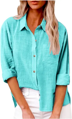 Business Casual Tops for Women Long Sleeve Cotton Linen Shirt Button Down V Neck Blouse Fashion Tops for Trendy