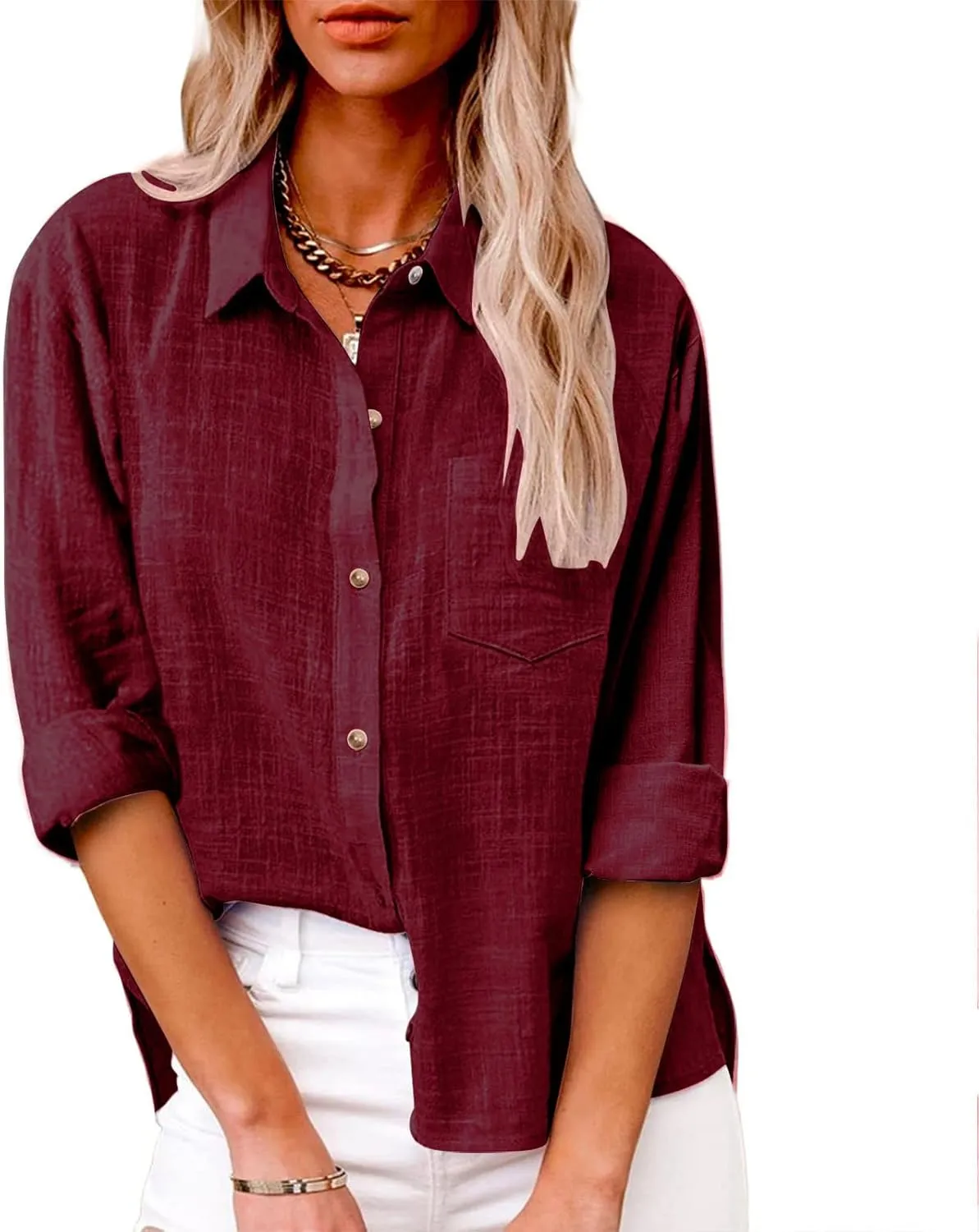 Business Casual Tops for Women Long Sleeve Cotton Linen Shirt Button Down V Neck Blouse Fashion Tops for Trendy