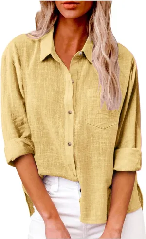 Business Casual Tops for Women Long Sleeve Cotton Linen Shirt Button Down V Neck Blouse Fashion Tops for Trendy