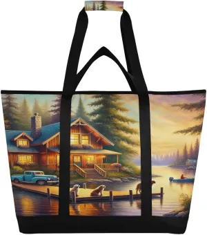 Cabin Mountain Lake Tote Bag for Women with Zipper Reusable Grocery Bags Foldable Insulated Cooler Bag Totes Handbags Shopping Bags for Groceries Travel Beach Work Picnic