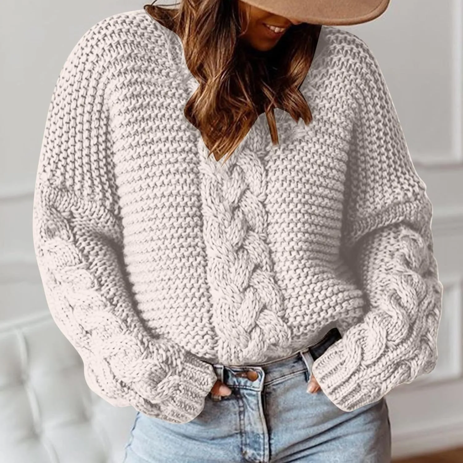 Cable Knit Sweater Women Cozy Plus Size Chunky Pullover Sweaters Ladies Soft Long Sleeve Knitted Winter Sweater