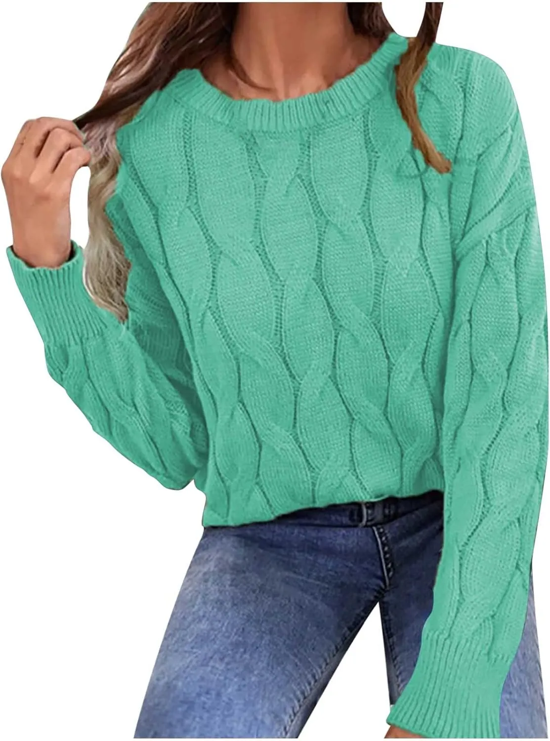 Cable Knitted Crew Neck Pullover Sweater for Women Long Sleeve Solid Loose Fit Casual Sweaters Fashion Tunic Shirt