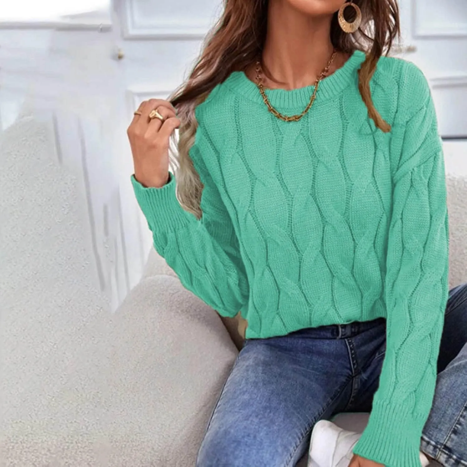 Cable Knitted Crew Neck Pullover Sweater for Women Long Sleeve Solid Loose Fit Casual Sweaters Fashion Tunic Shirt