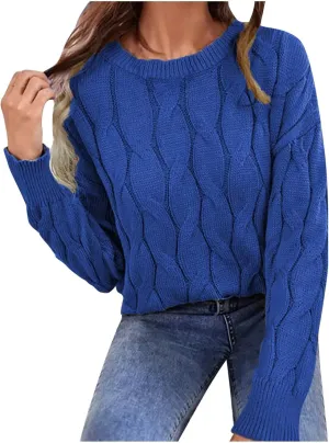 Cable Knitted Crew Neck Pullover Sweater for Women Long Sleeve Solid Loose Fit Casual Sweaters Fashion Tunic Shirt