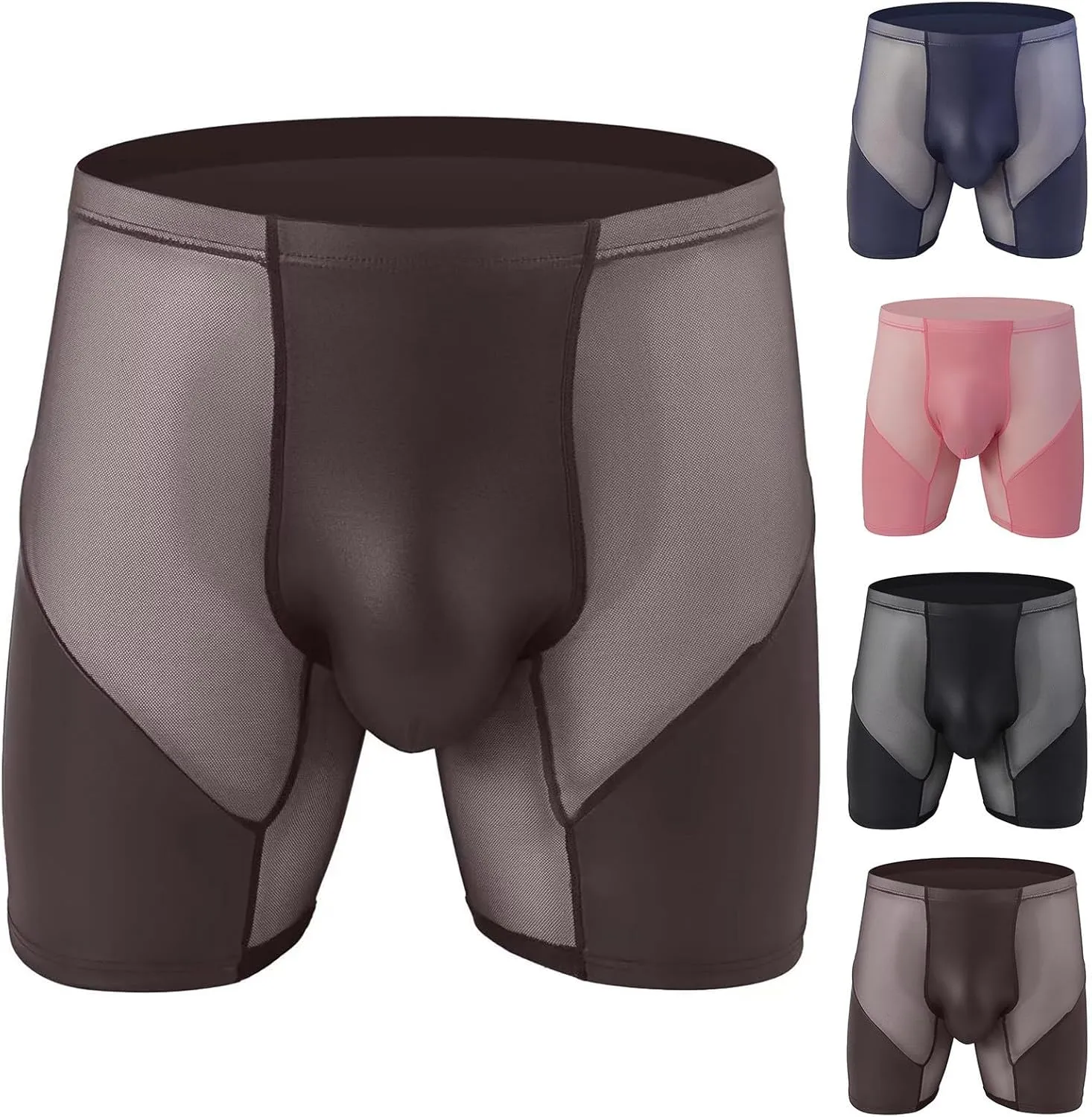 Cambkatl Men's Sheer Ice Silk Boxer Briefs Sexy Ptachwork Thin Seamless Trunk Underwear Bulge Pouch Panties
