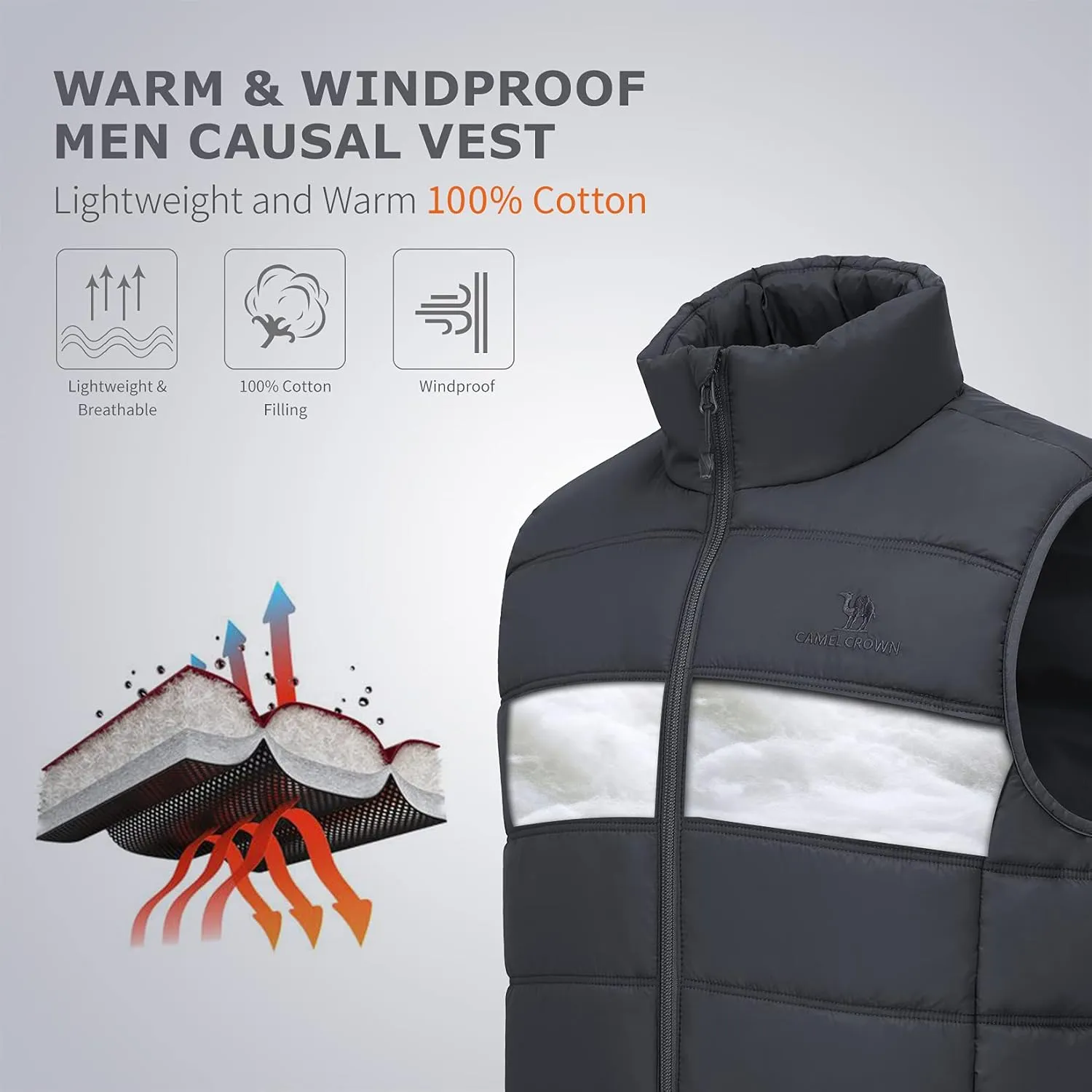 CAMEL CROWN Puffer Vest Men Quilted Winter Padded Sleeveless Jackets Gilet for Casual Work Travel Outdoor