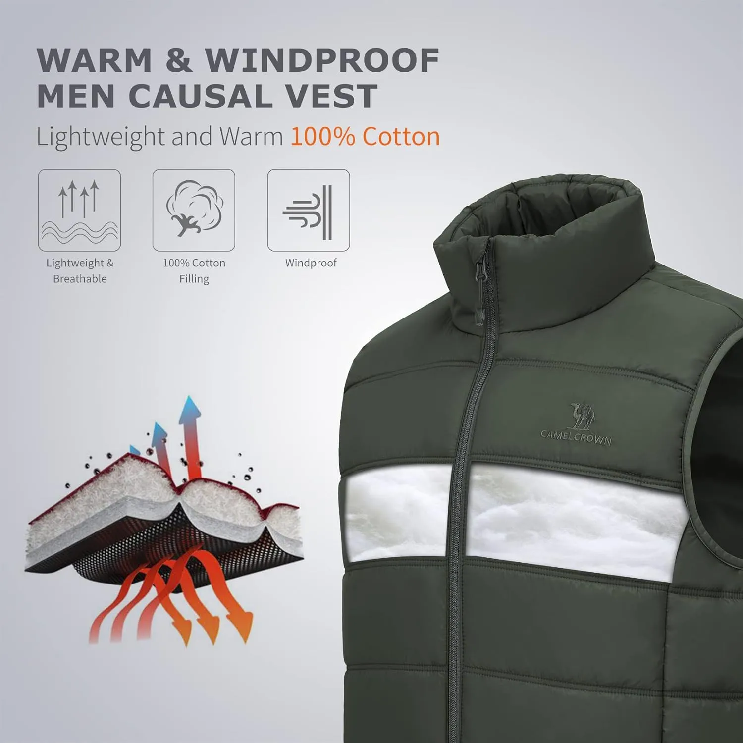 CAMEL CROWN Puffer Vest Men Quilted Winter Padded Sleeveless Jackets Gilet for Casual Work Travel Outdoor