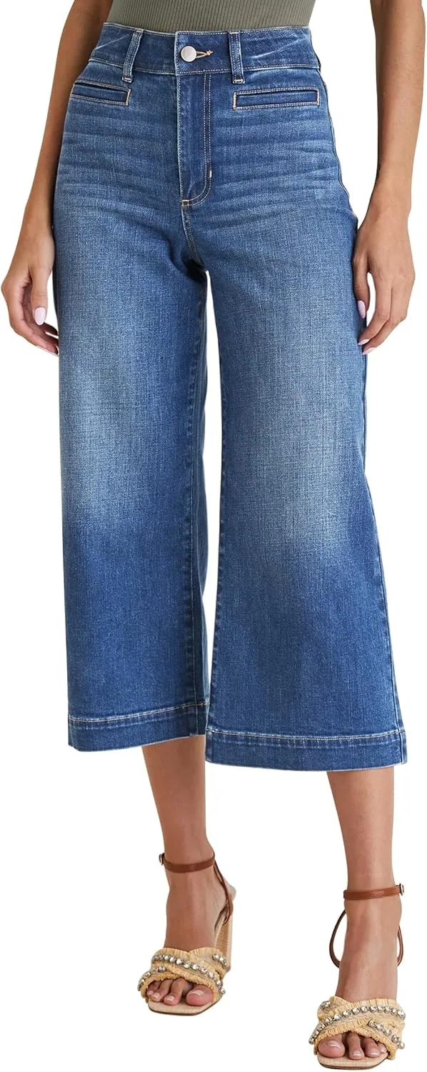 Capri Jeans for Women High Waisted Wide Leg Capri Pants Strechy Loose Denim Capris with Pockets