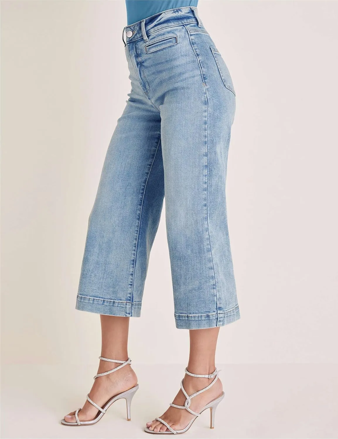 Capri Jeans for Women High Waisted Wide Leg Capri Pants Strechy Loose Denim Capris with Pockets