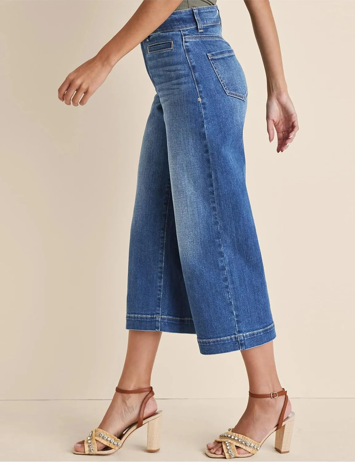 Capri Jeans for Women High Waisted Wide Leg Capri Pants Strechy Loose Denim Capris with Pockets