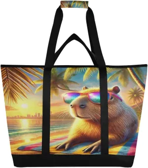 Capybara Beach Sunglasses Tote Bag for Women with Zipper Reusable Grocery Bags Foldable Insulated Cooler Bag Totes Shopping Bags Handbags for Groceries Beach Travel Work Picnic