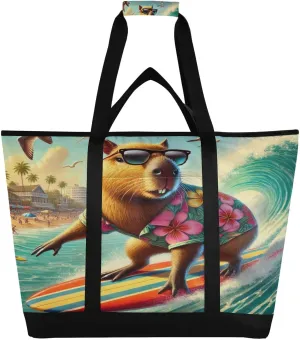 Capybara Beach Wave Tote Bag for Women with Zipper Reusable Grocery Bags Foldable Insulated Cooler Bag Shopping Bags Totes Handbags for Groceries Beach Picnic Travel Work