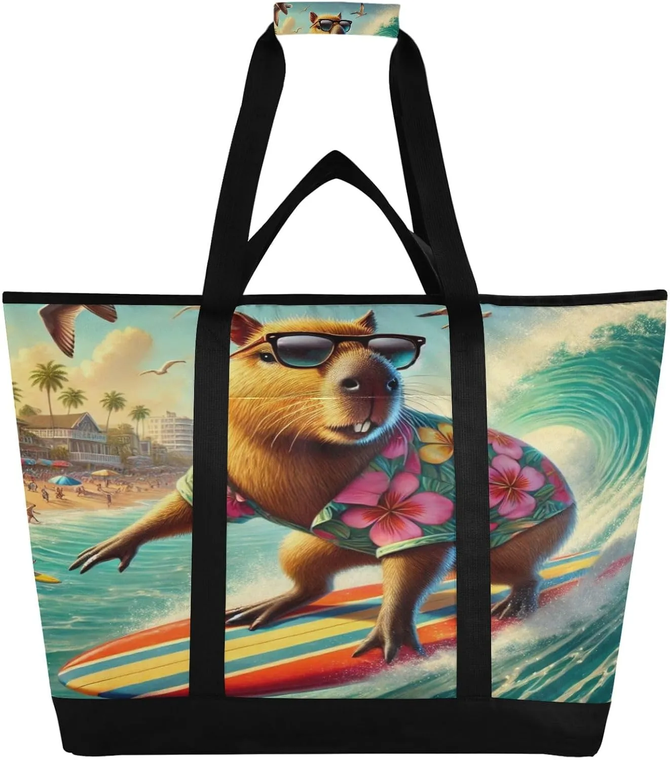Capybara Beach Wave Tote Bag for Women with Zipper Reusable Grocery Bags Foldable Insulated Cooler Bag Shopping Bags Totes Handbags for Groceries Beach Picnic Travel Work