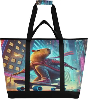 Capybara Skateboard City Tote Bag for Women with Zipper Reusable Grocery Bags Foldable Insulated Cooler Bag Totes Shopping Bags Handbags for Groceries Beach Picnic Travel Work