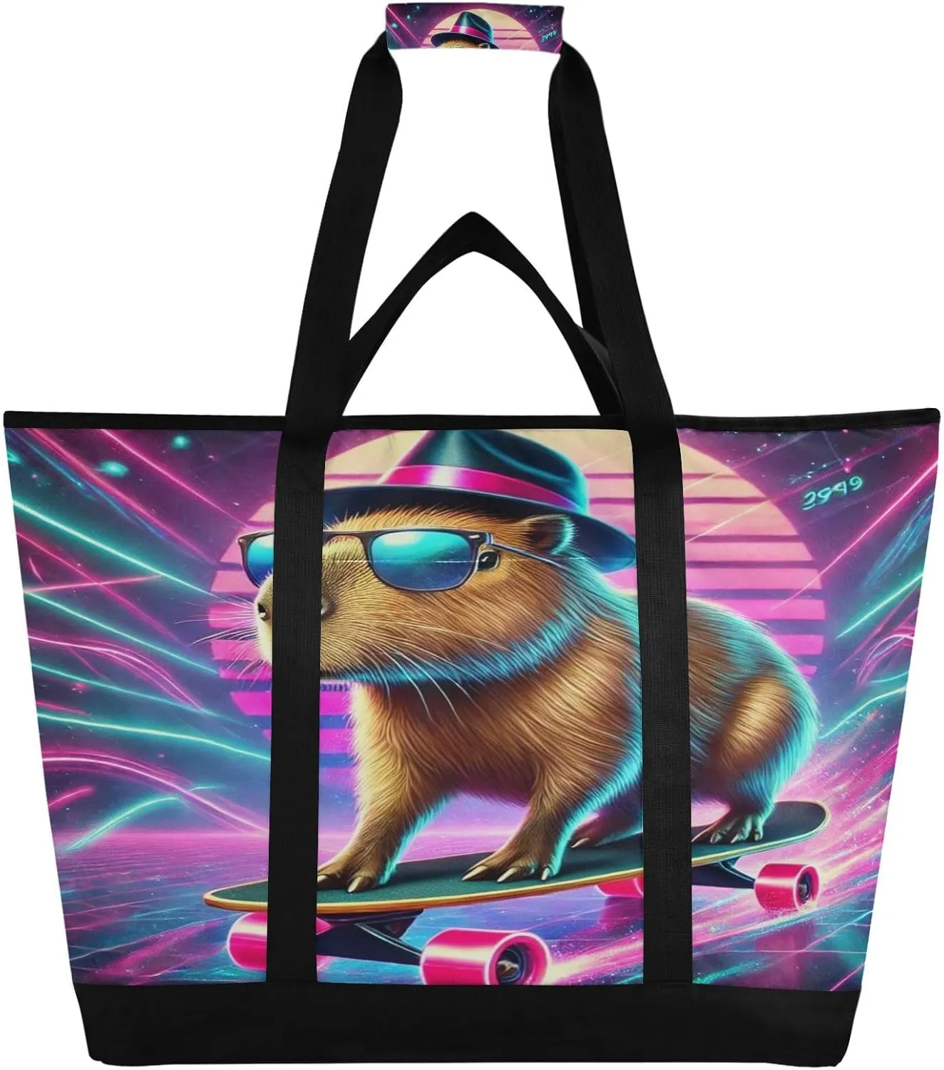 Capybara Skateboard Purple Tote Bag for Women with Zipper Reusable Grocery Bags Foldable Insulated Cooler Bag Totes Shopping Bags Handbags for Groceries Travel Beach Work Picnic
