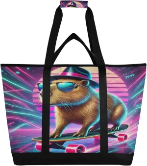Capybara Skateboard Purple Tote Bag for Women with Zipper Reusable Grocery Bags Foldable Insulated Cooler Bag Totes Shopping Bags Handbags for Groceries Travel Beach Work Picnic