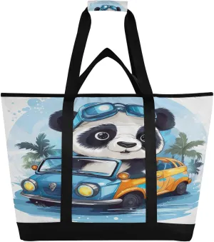 Car Panda Bear Tote Bag for Women with Zipper Reusable Grocery Bags Foldable Insulated Cooler Bag Handbags Totes Shopping Bags for Groceries Travel Beach Picnic Work