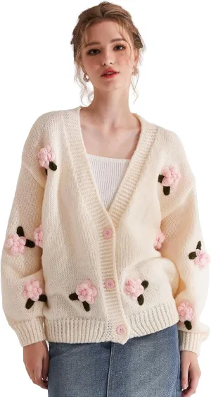 Cardigan Sweater for Women, Long Sleeve V-Neck Button Knit Flower Outfit