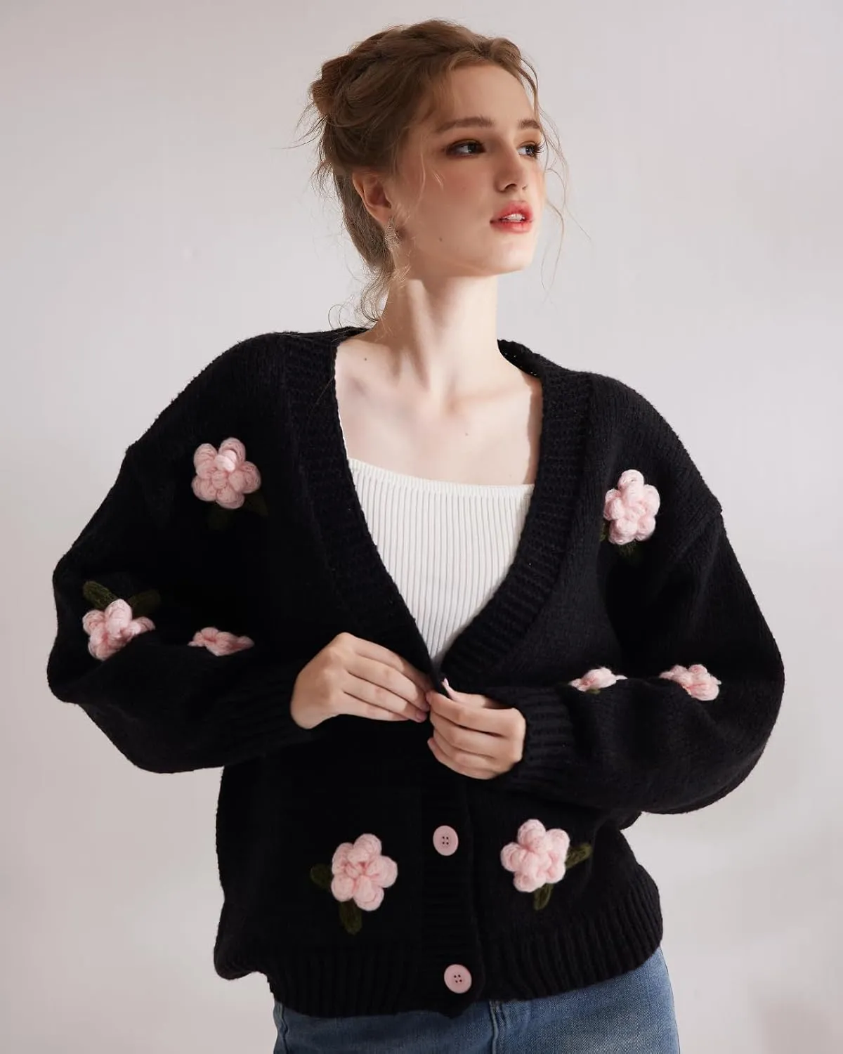 Cardigan Sweater for Women, Long Sleeve V-Neck Button Knit Flower Outfit