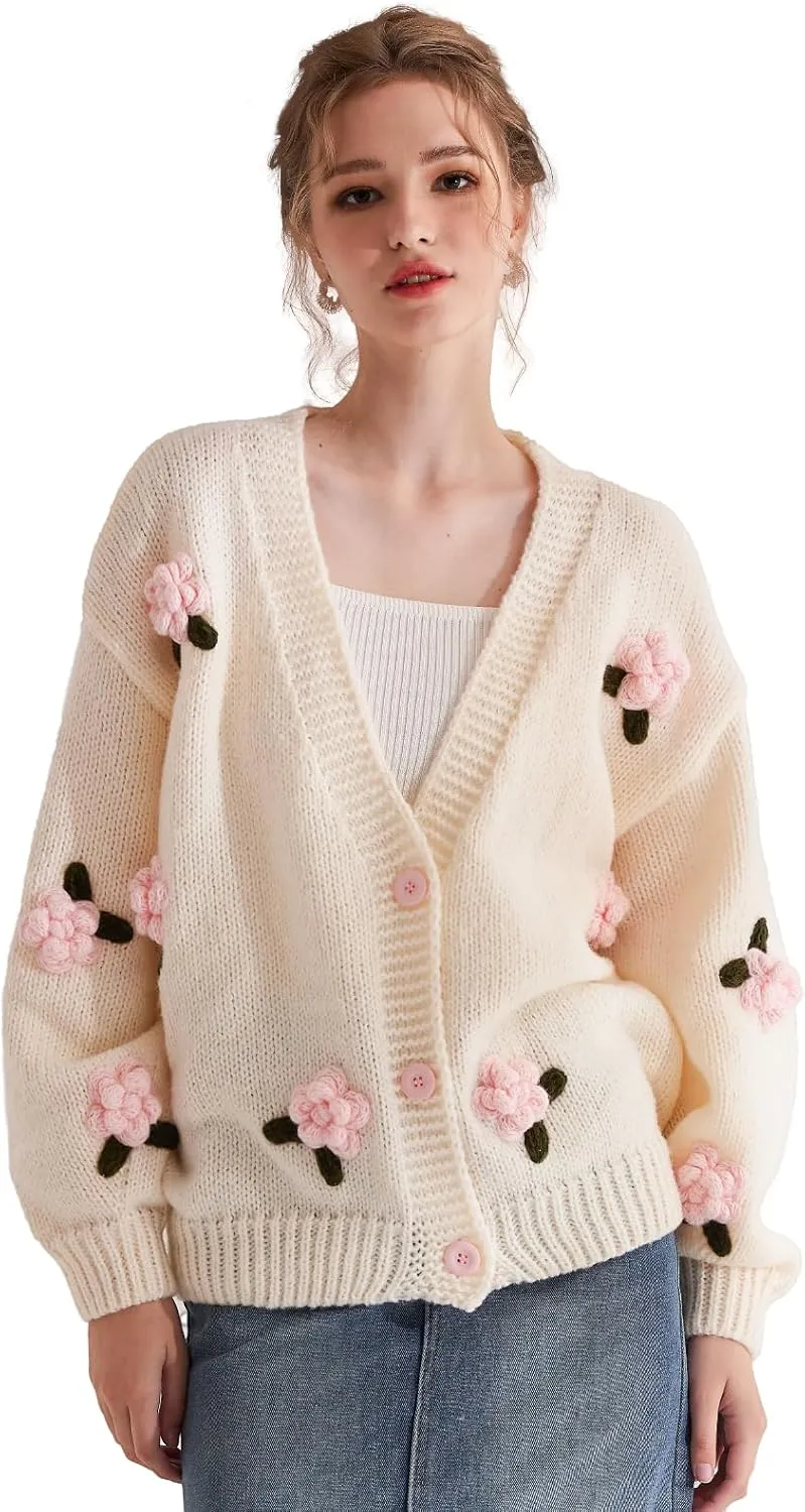Cardigan Sweater for Women, Long Sleeve V-Neck Button Knit Flower Outfit
