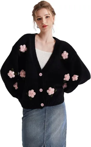 Cardigan Sweater for Women, Long Sleeve V-Neck Button Knit Flower Outfit