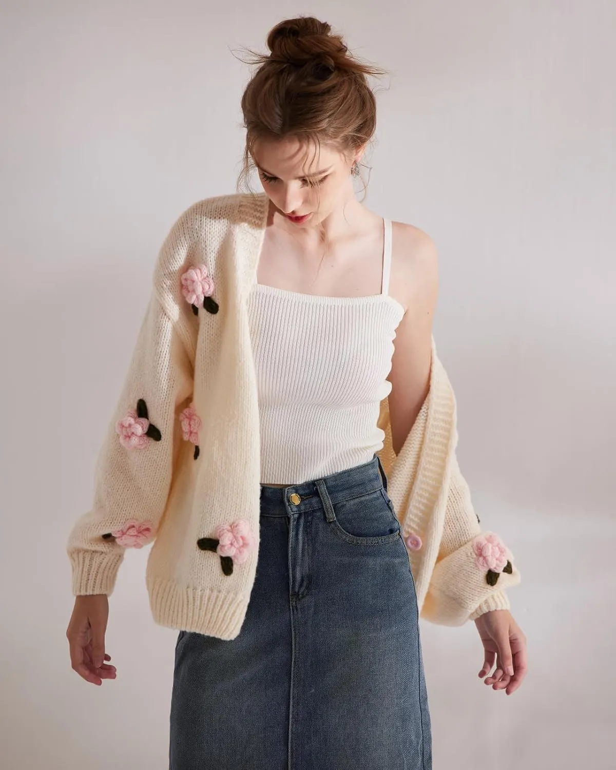 Cardigan Sweater for Women, Long Sleeve V-Neck Button Knit Flower Outfit